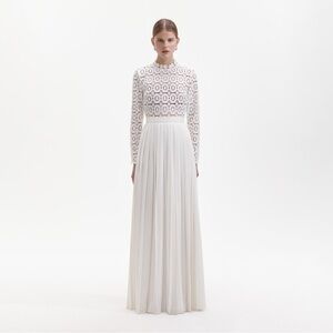 Self-Portrait Pleated Crochet Floral Maxi Dress